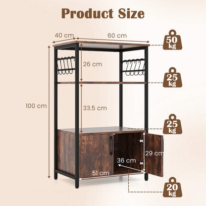 Industrial baker’s rack with two open shelves, two-door cabinet and ten S-shaped hooks for kitchen storage
