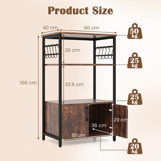 Industrial baker’s rack with two open shelves, two-door cabinet and ten S-shaped hooks for kitchen storage