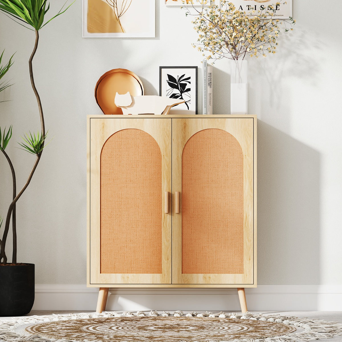 Kitchen Bohemian Style Sideboard with 2 Rattan Decorated Doors-Natural