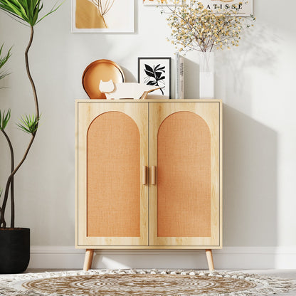 Kitchen Bohemian Style Sideboard with 2 Rattan Decorated Doors-Natural