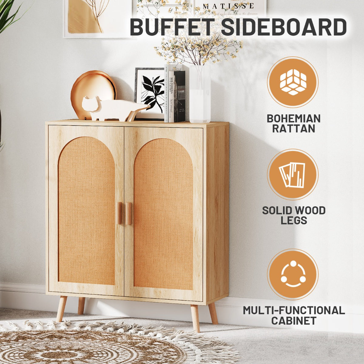 Kitchen Bohemian Style Sideboard with 2 Rattan Decorated Doors-Natural