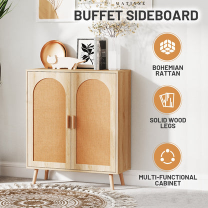 Kitchen Bohemian Style Sideboard with 2 Rattan Decorated Doors-Natural