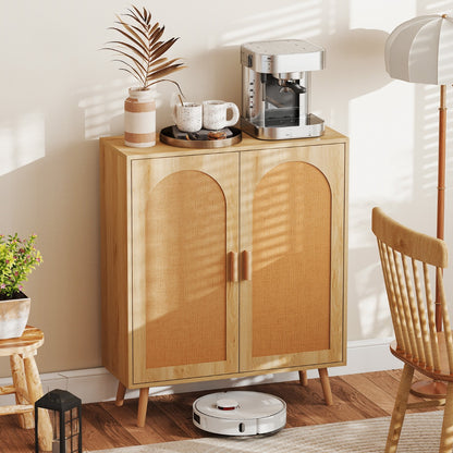 Kitchen Bohemian Style Sideboard with 2 Rattan Decorated Doors-Natural