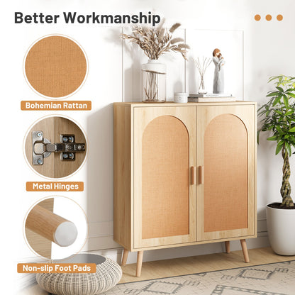 Kitchen Bohemian Style Sideboard with 2 Rattan Decorated Doors-Natural