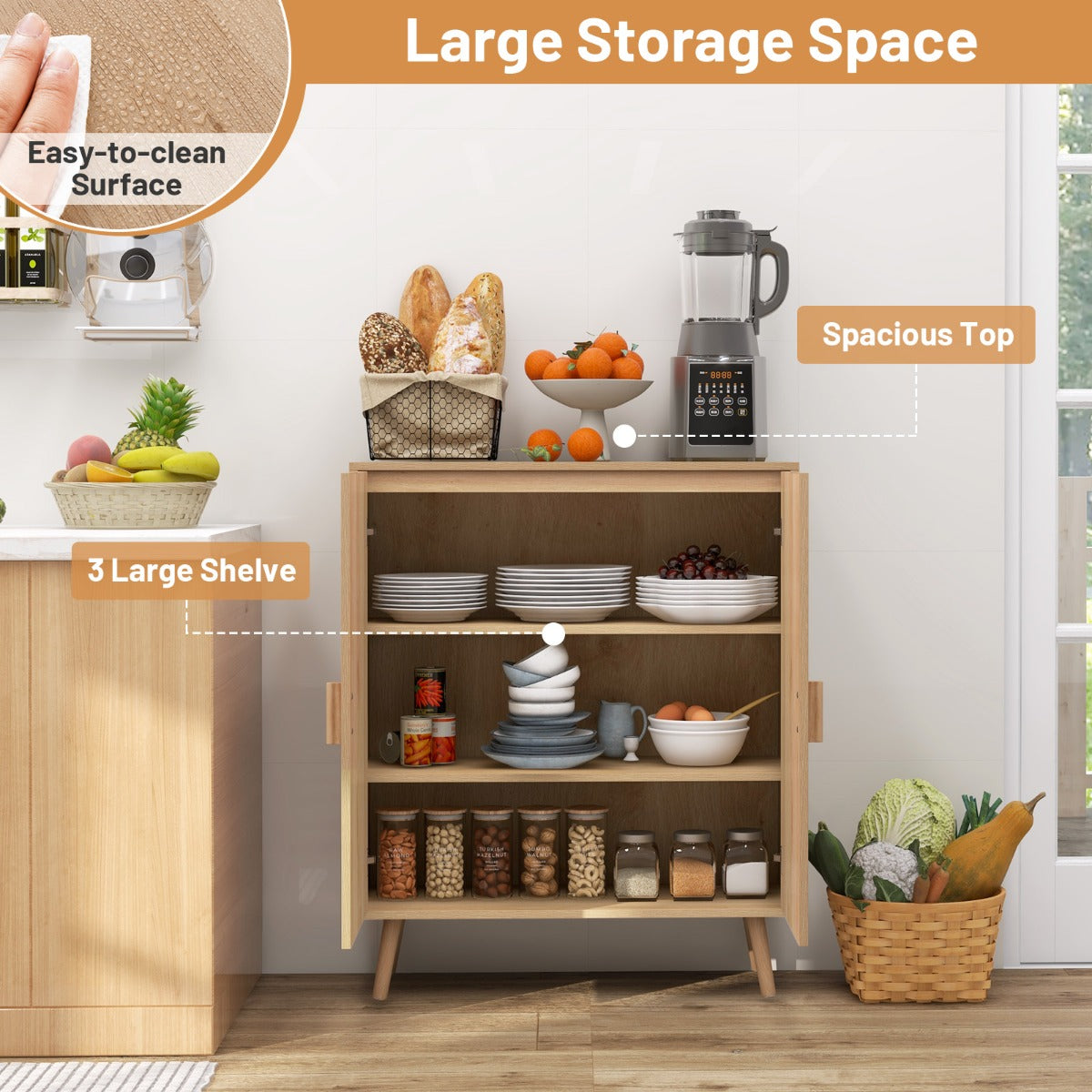 Kitchen Bohemian Style Sideboard with 2 Rattan Decorated Doors-Natural