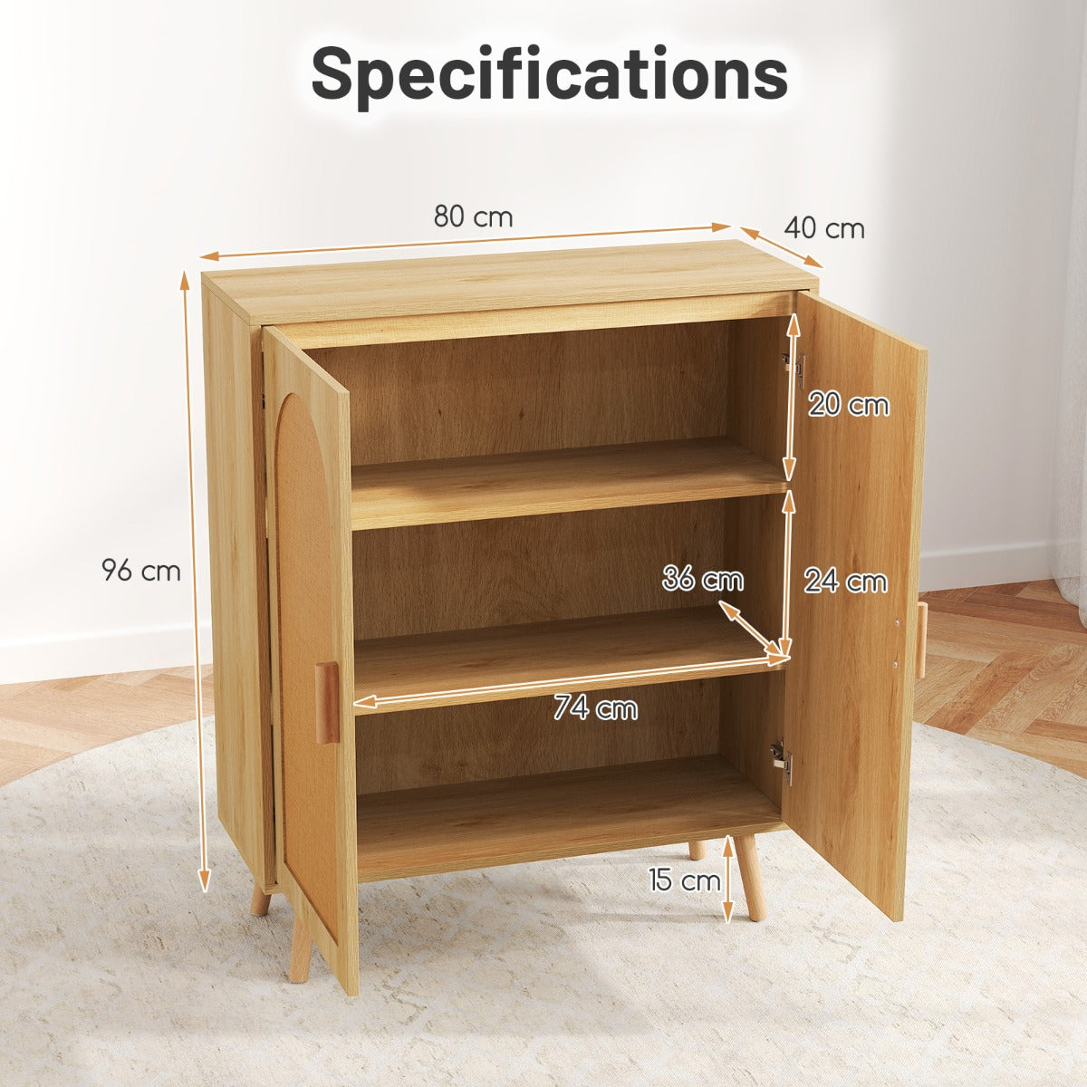 Kitchen Bohemian Style Sideboard with 2 Rattan Decorated Doors-Natural
