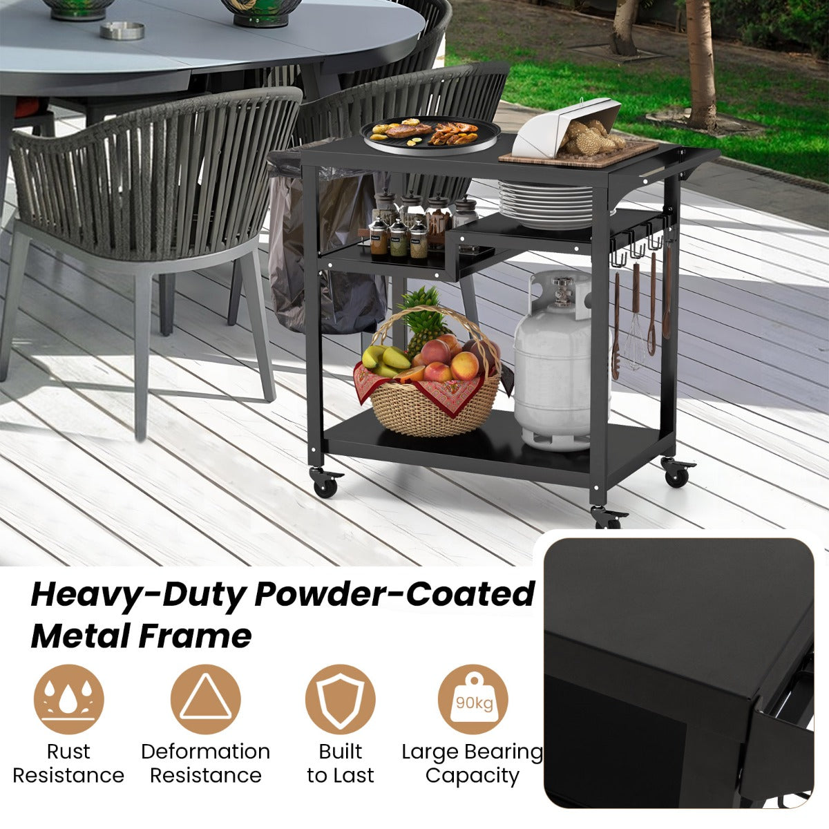Costway 3-Shelf Movable BBQ Cart with 4 Lockable Wheels