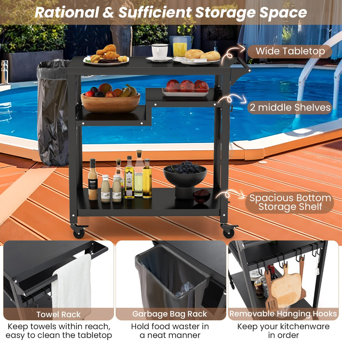 Costway 3-Shelf Movable BBQ Cart with 4 Lockable Wheels