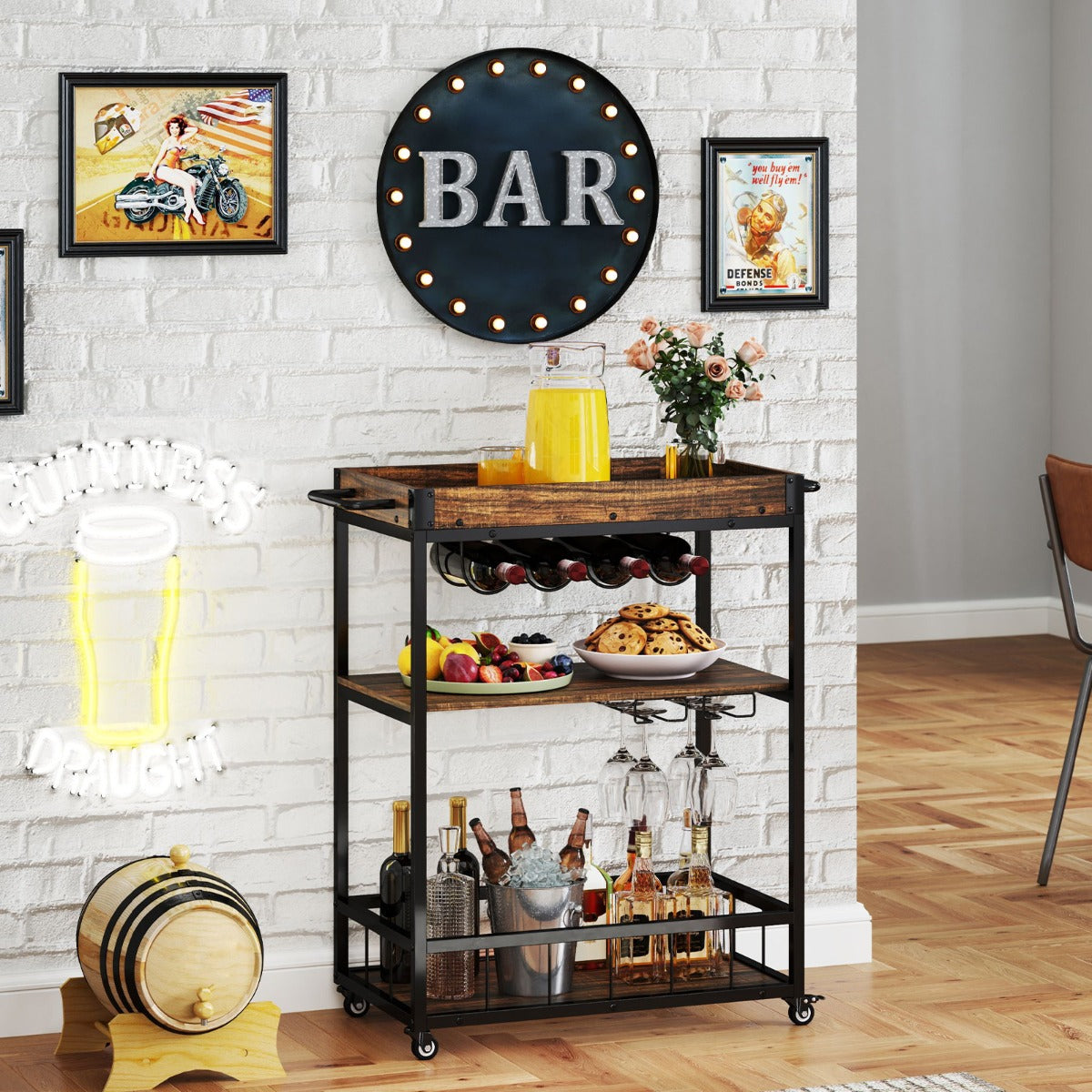 Kitchen Cart with Removable Top Tray & Wine Rack & Glass Holder