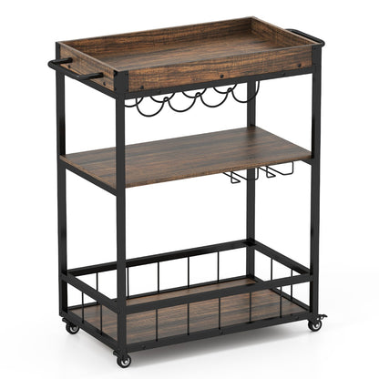 Kitchen Cart with Removable Top Tray & Wine Rack & Glass Holder