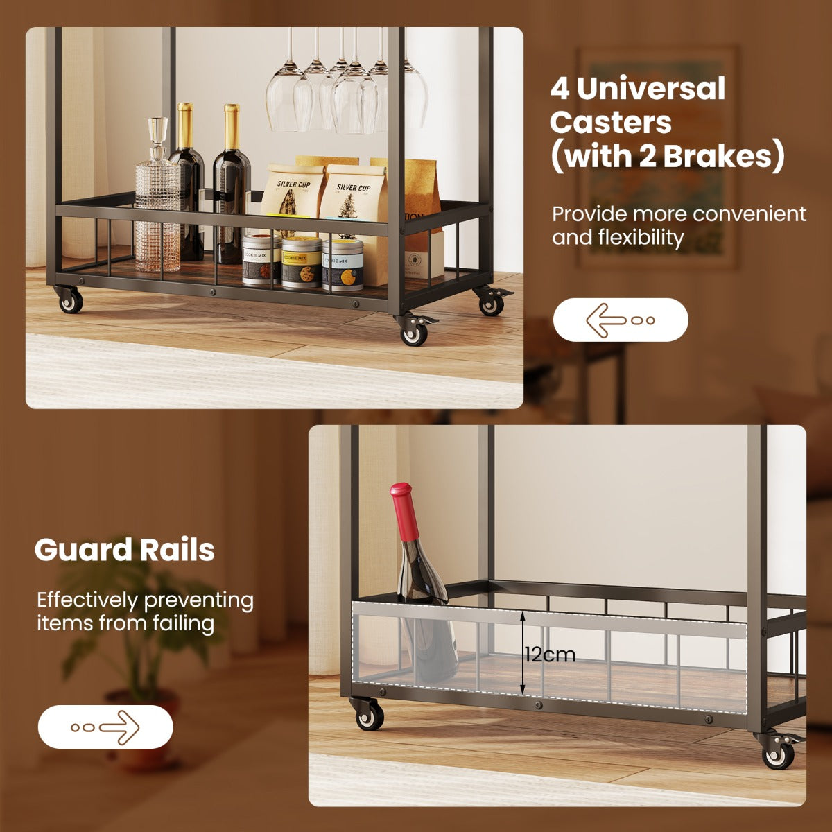 Kitchen Cart with Removable Top Tray & Wine Rack & Glass Holder