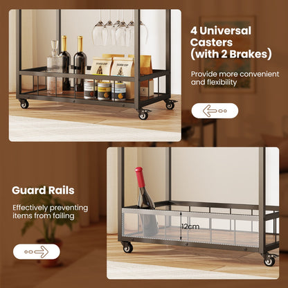 Kitchen Cart with Removable Top Tray & Wine Rack & Glass Holder