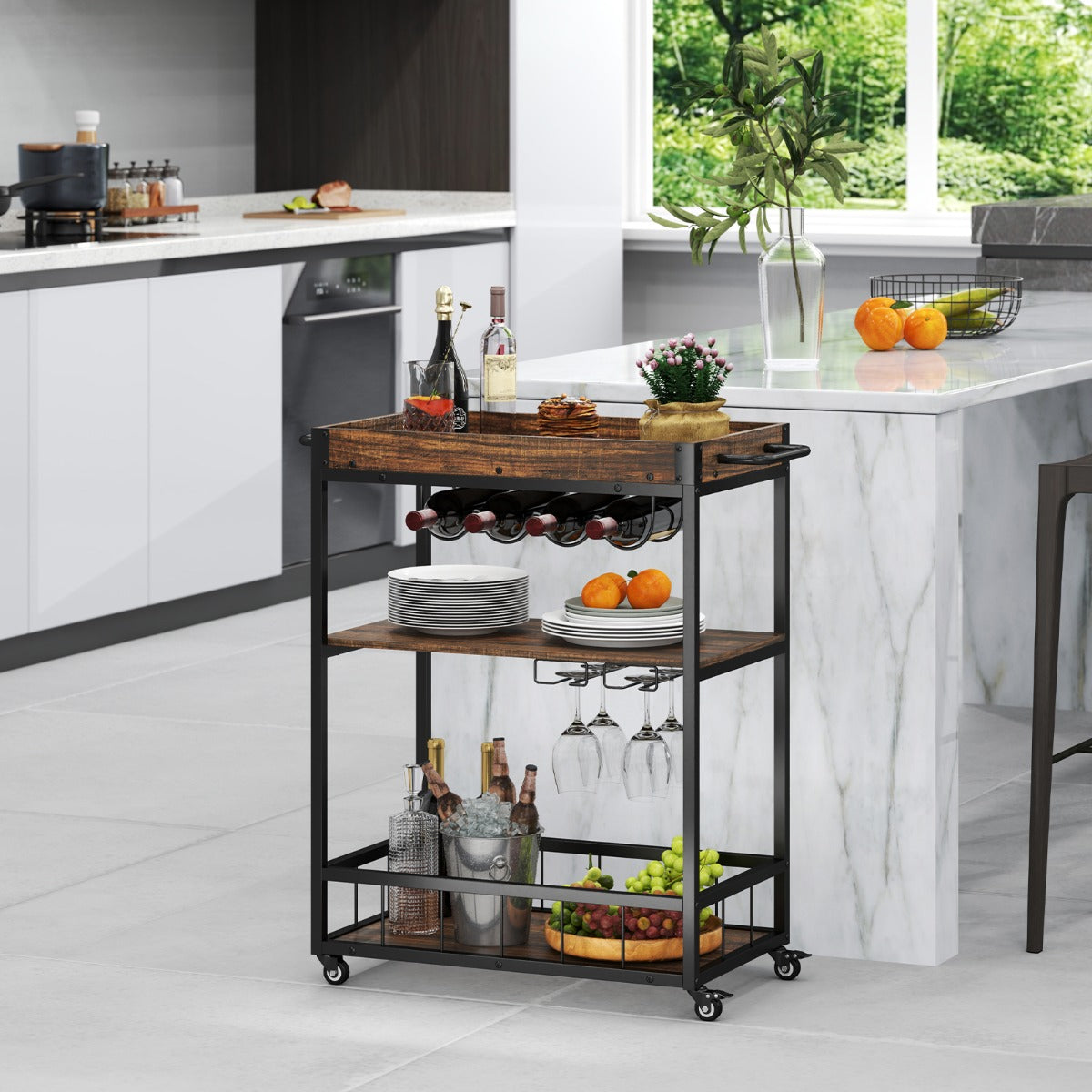 Kitchen Cart with Removable Top Tray & Wine Rack & Glass Holder