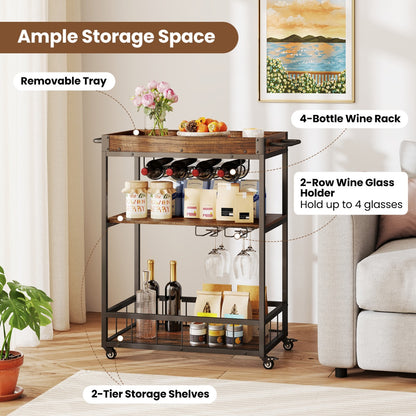 Kitchen Cart with Removable Top Tray & Wine Rack & Glass Holder