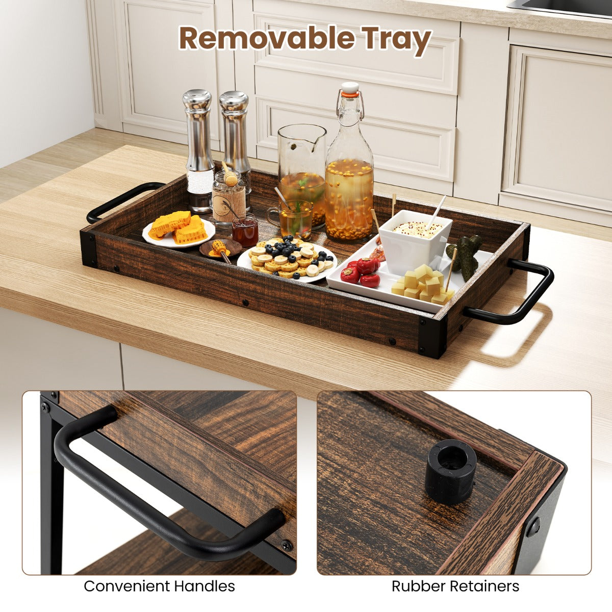 Kitchen Cart with Removable Top Tray & Wine Rack & Glass Holder
