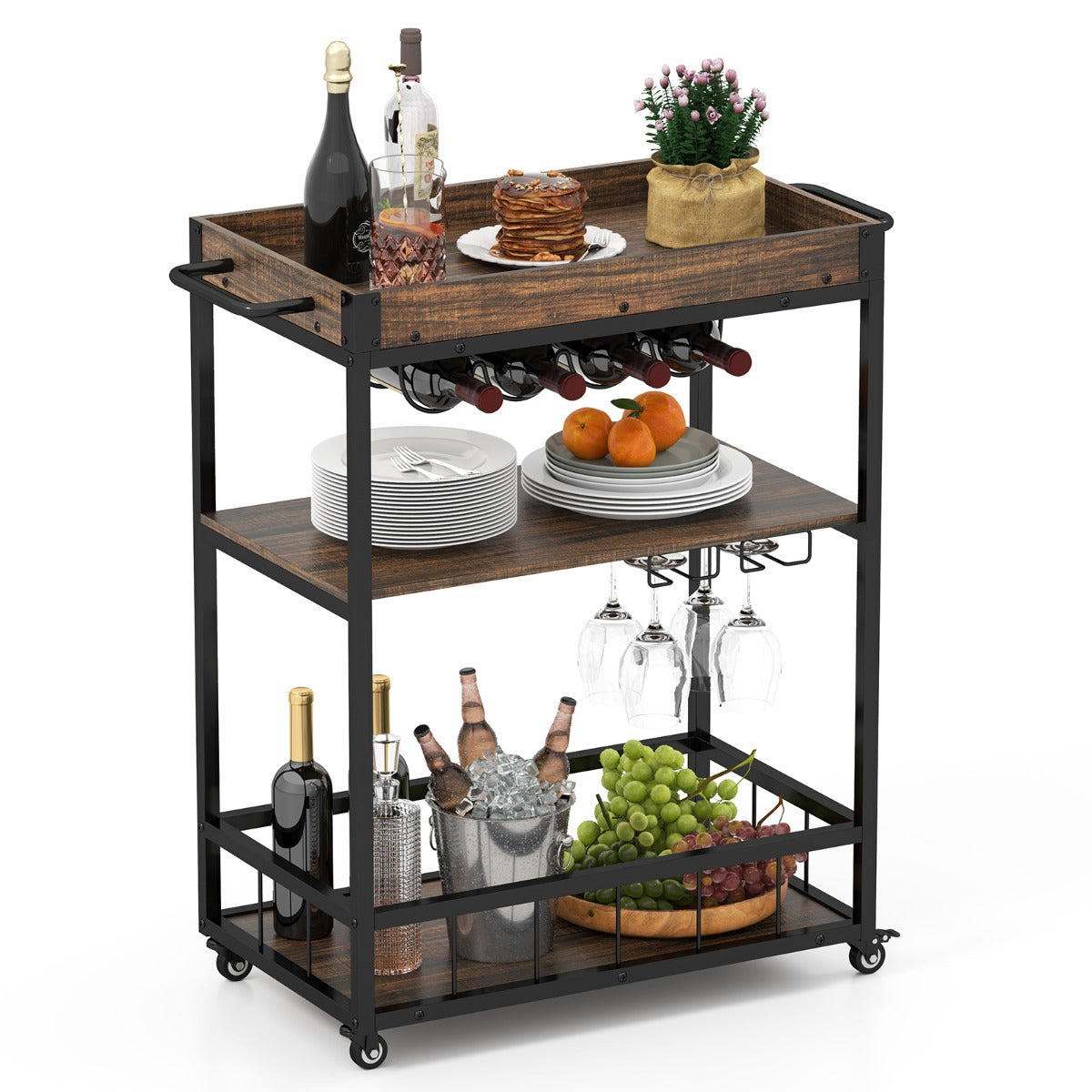 Kitchen Cart with Removable Top Tray & Wine Rack & Glass Holder