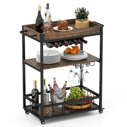 Kitchen Cart with Removable Top Tray & Wine Rack & Glass Holder