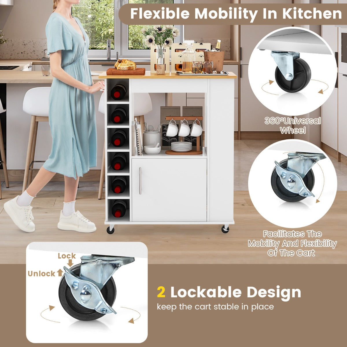 Costway Rolling Kitchen Cart with Towel Rack for Dining Room