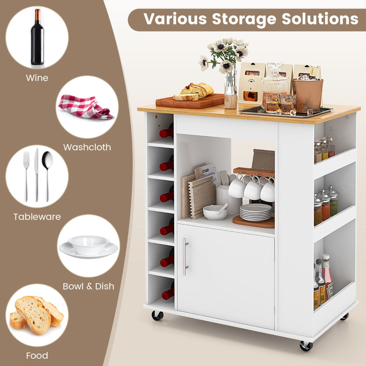 Costway Rolling Kitchen Cart with Towel Rack for Dining Room