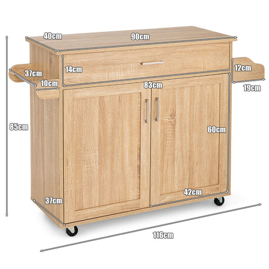 Rolling kitchen island cart with spacious countertop, drawer, cabinet, spice rack, and towel bar