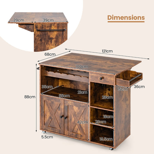 Rustic brown kitchen island cart with expandable drop leaf countertop for dining and serving
