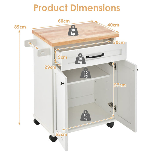 White kitchen rolling cart features a three-position adjustable shelf for flexible storage