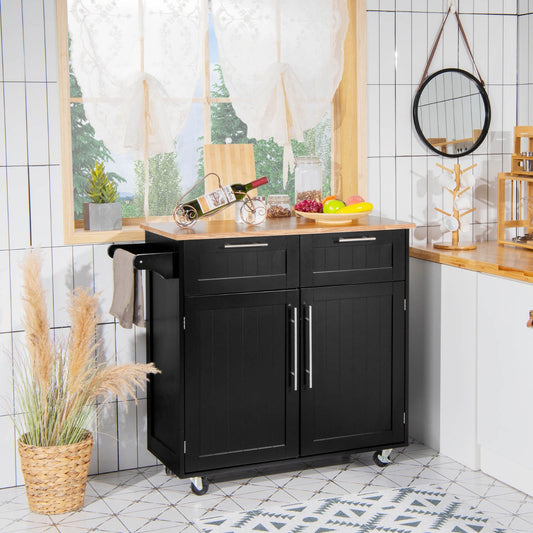 Costway Kitchen Island Cart with Rubber Wood Top and Lockable Casters-Black