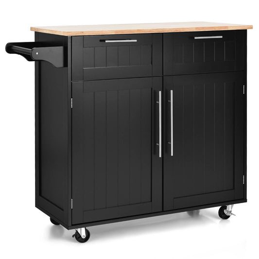Costway Kitchen Island Cart with Rubber Wood Top and Lockable Casters-Black