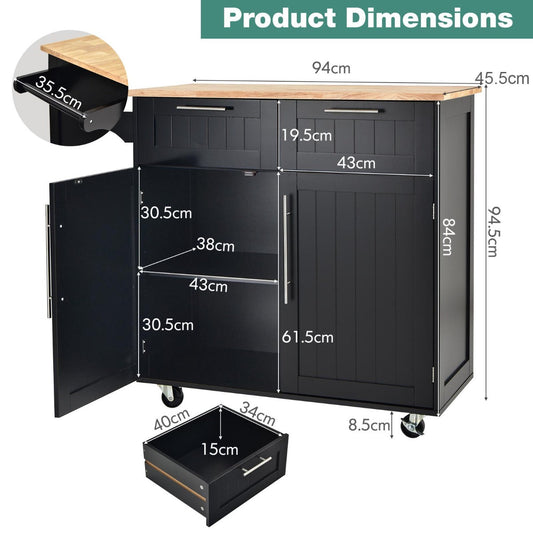 Rolling kitchen island cart with rubber wood countertop, drawers, cabinet and towel bar for organized storage