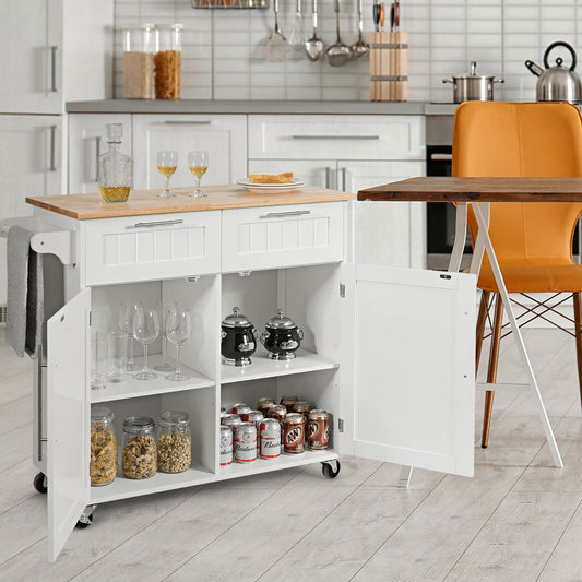Costway Kitchen Island Cart with Rubber Wood Top and Lockable Casters-White