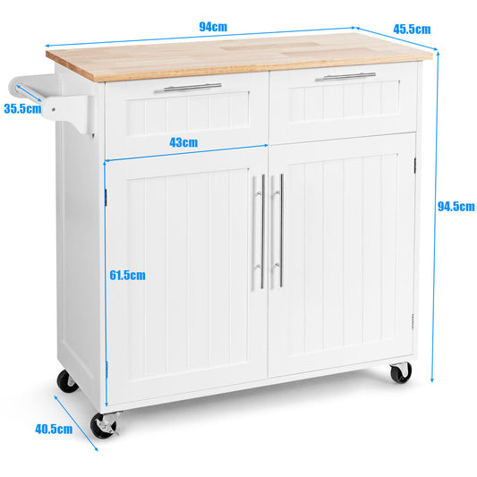 Rolling kitchen island cart with rubber wood top, two drawers, cabinet and side towel bar