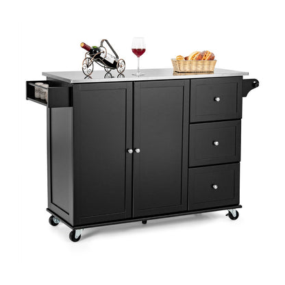 Kitchen Island Cart with Stainless Steel Countertop and 3 Drawers-Black
