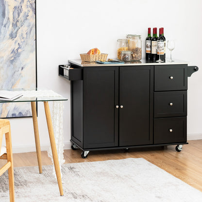 Kitchen Island Cart with Stainless Steel Countertop and 3 Drawers-Black
