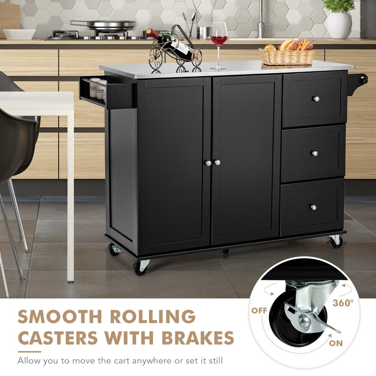 Kitchen Island Cart with Stainless Steel Countertop and 3 Drawers-Black