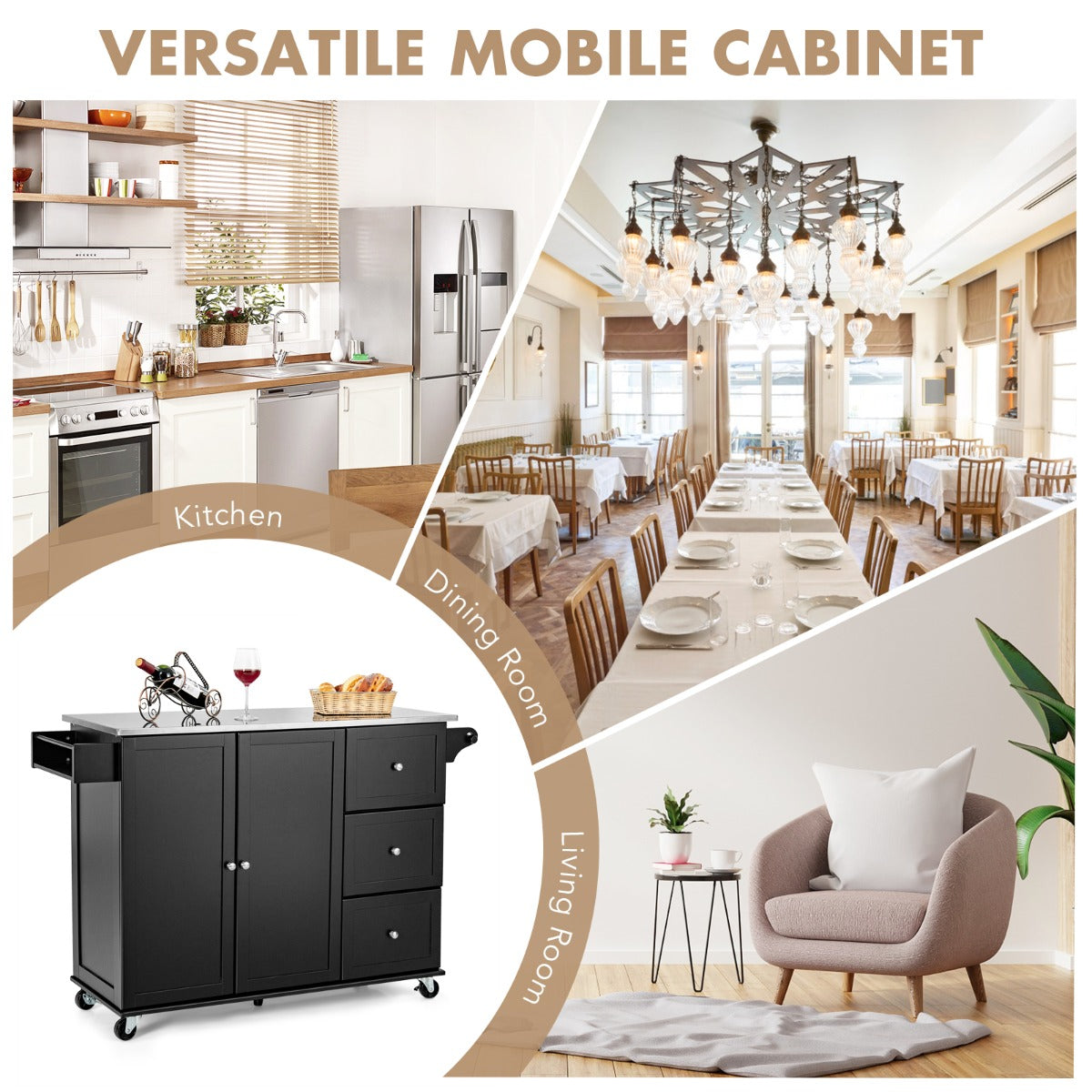 Kitchen Island Cart with Stainless Steel Countertop and 3 Drawers-Black