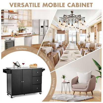 Kitchen Island Cart with Stainless Steel Countertop and 3 Drawers-Black