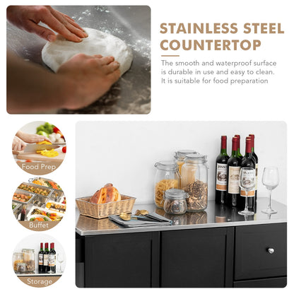 Kitchen Island Cart with Stainless Steel Countertop and 3 Drawers-Black