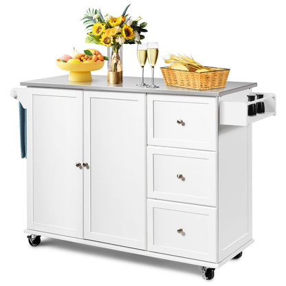Kitchen Island Cart with Stainless Steel Countertop and 3 Drawers-White