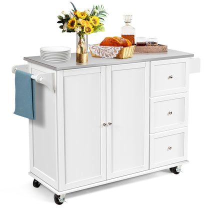 Kitchen Island Cart with Stainless Steel Countertop and 3 Drawers-White