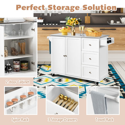 Kitchen Island Cart with Stainless Steel Countertop and 3 Drawers-White