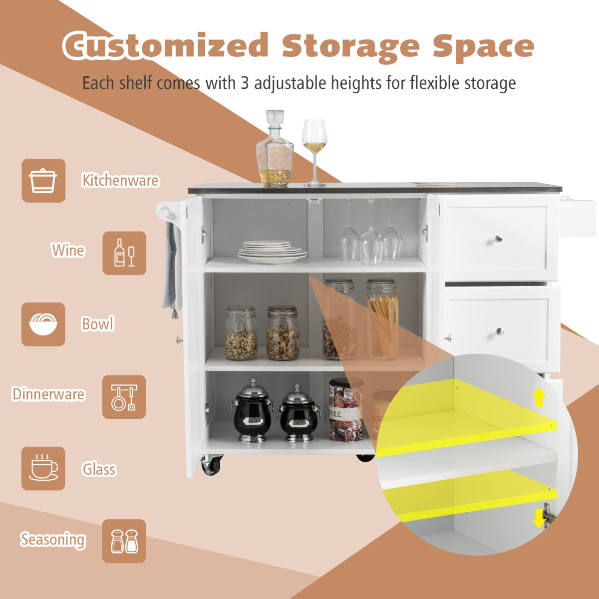 Kitchen Island Cart with Stainless Steel Countertop and 3 Drawers-White