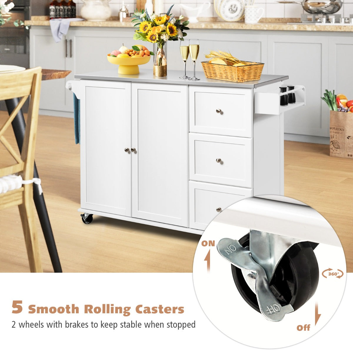 Kitchen Island Cart with Stainless Steel Countertop and 3 Drawers-White