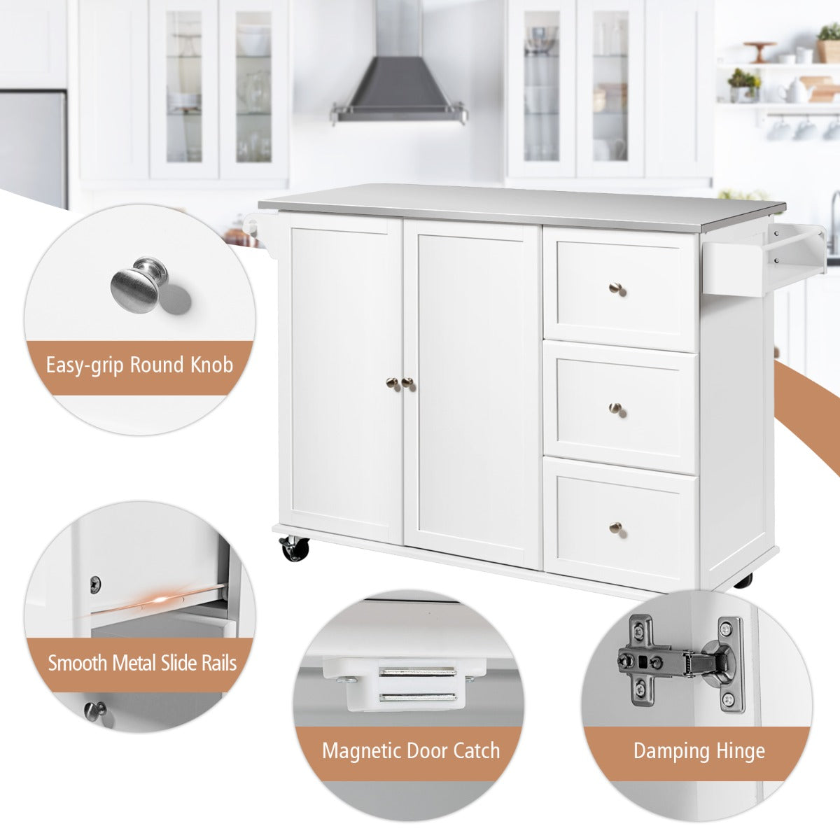 Kitchen Island Cart with Stainless Steel Countertop and 3 Drawers-White