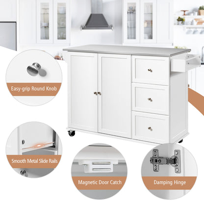 Kitchen Island Cart with Stainless Steel Countertop and 3 Drawers-White
