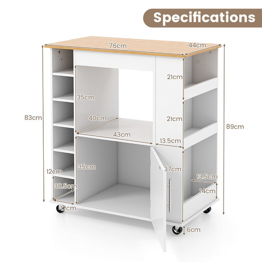 White and natural kitchen cart with bamboo countertop and versatile storage compartments