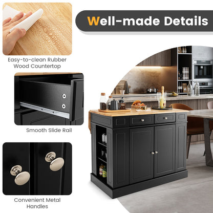 Kitchen Island with Drop Leaf Countertop and 3-Level Adjustable Shelves-Black