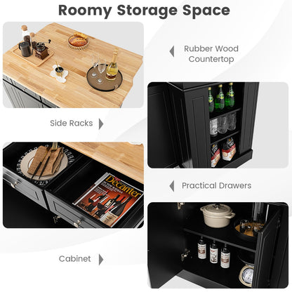 Kitchen Island with Drop Leaf Countertop and 3-Level Adjustable Shelves-Black