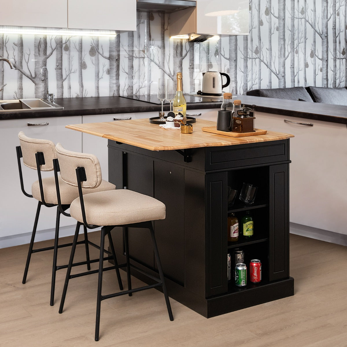Kitchen Island with Drop Leaf Countertop and 3-Level Adjustable Shelves-Black