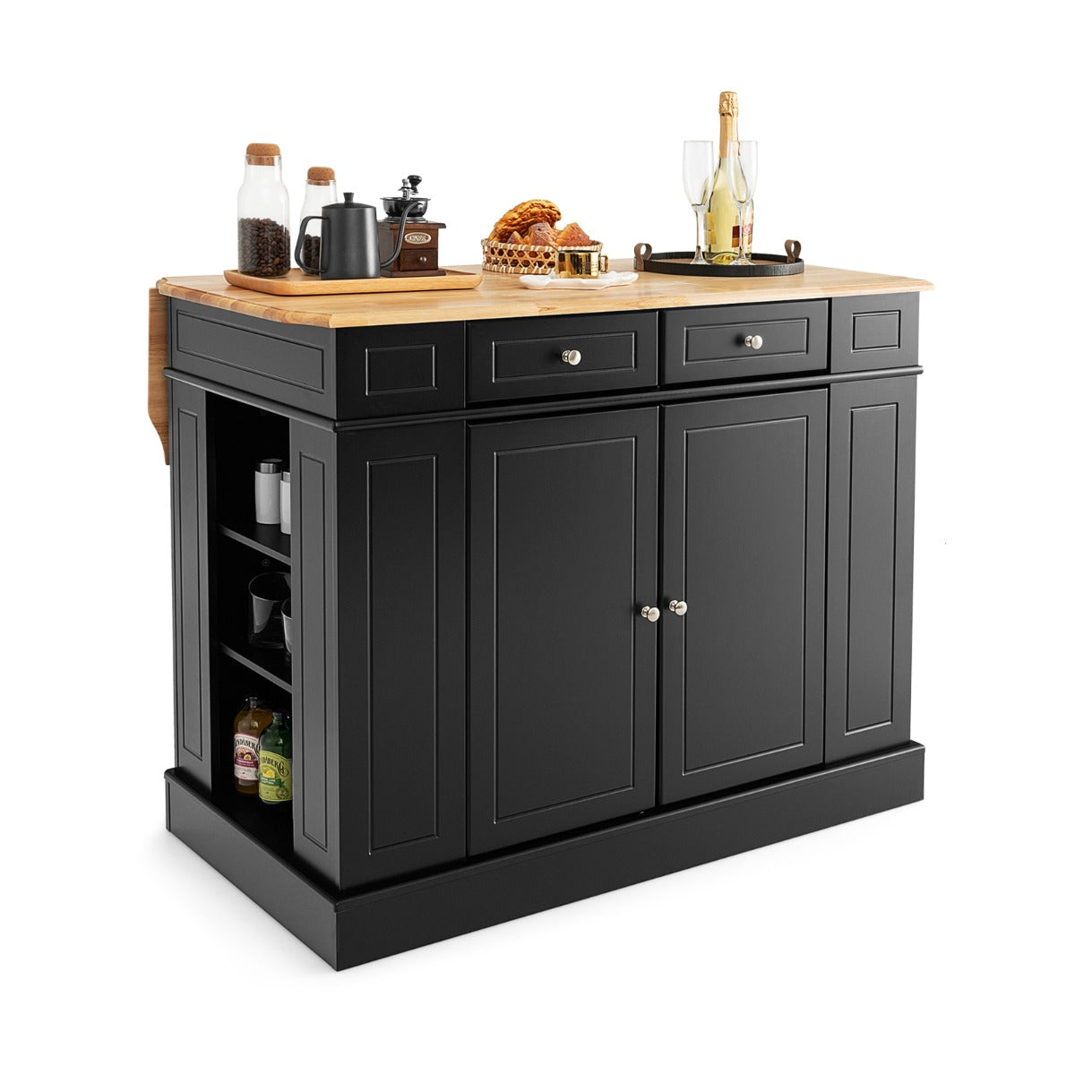 Kitchen Island with Drop Leaf Countertop and 3-Level Adjustable Shelves-Black