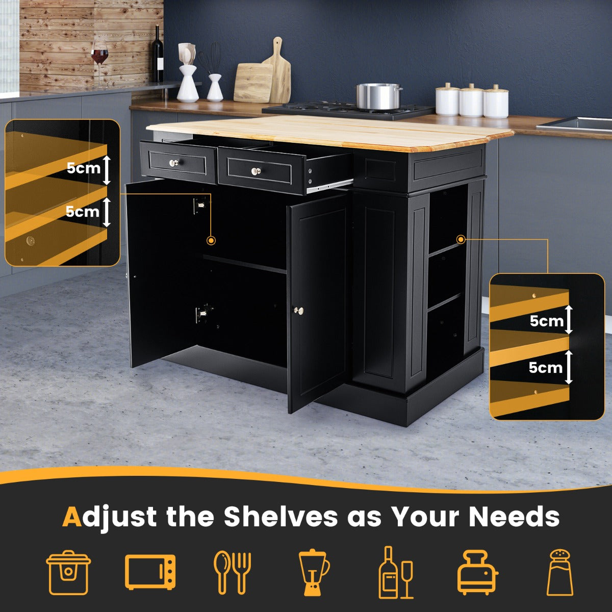 Kitchen Island with Drop Leaf Countertop and 3-Level Adjustable Shelves-Black